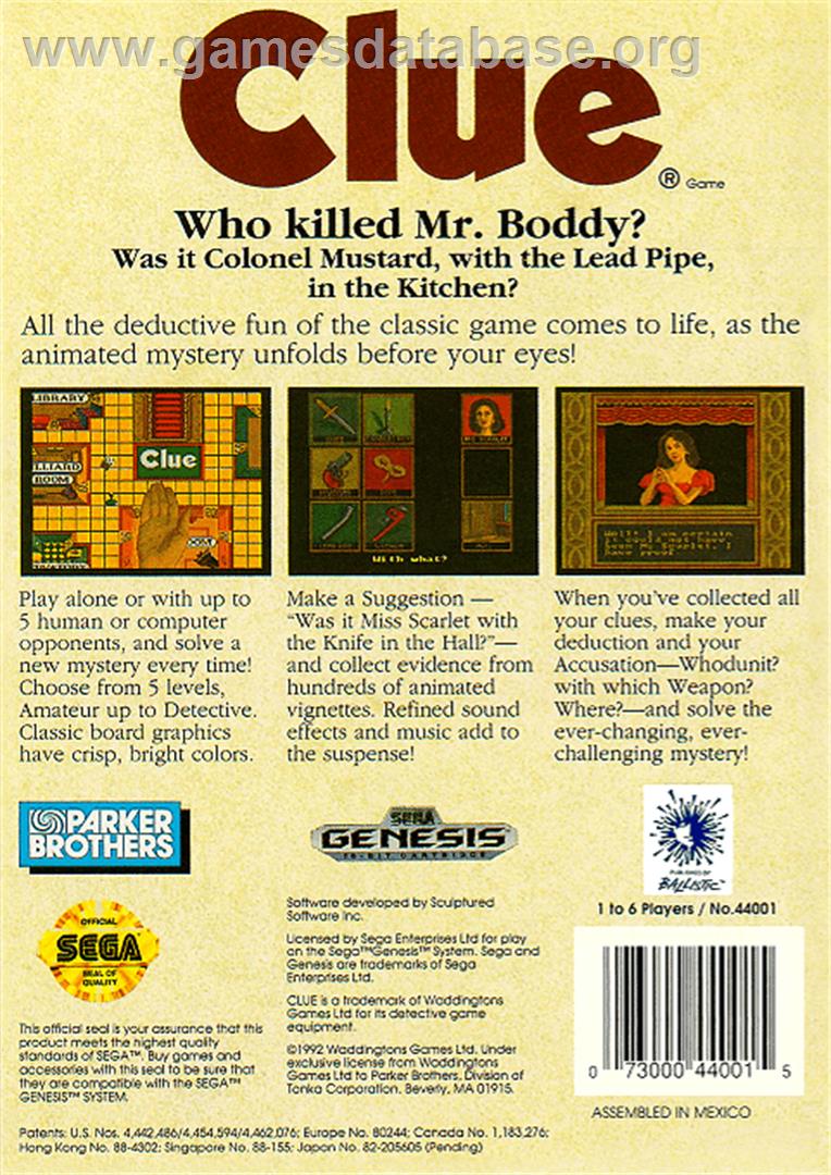 Clue - Sega Genesis - Artwork - Box Back