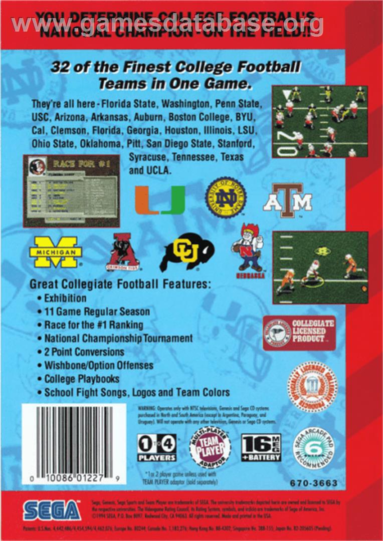 College Football's National Championship - Sega Genesis - Artwork - Box Back
