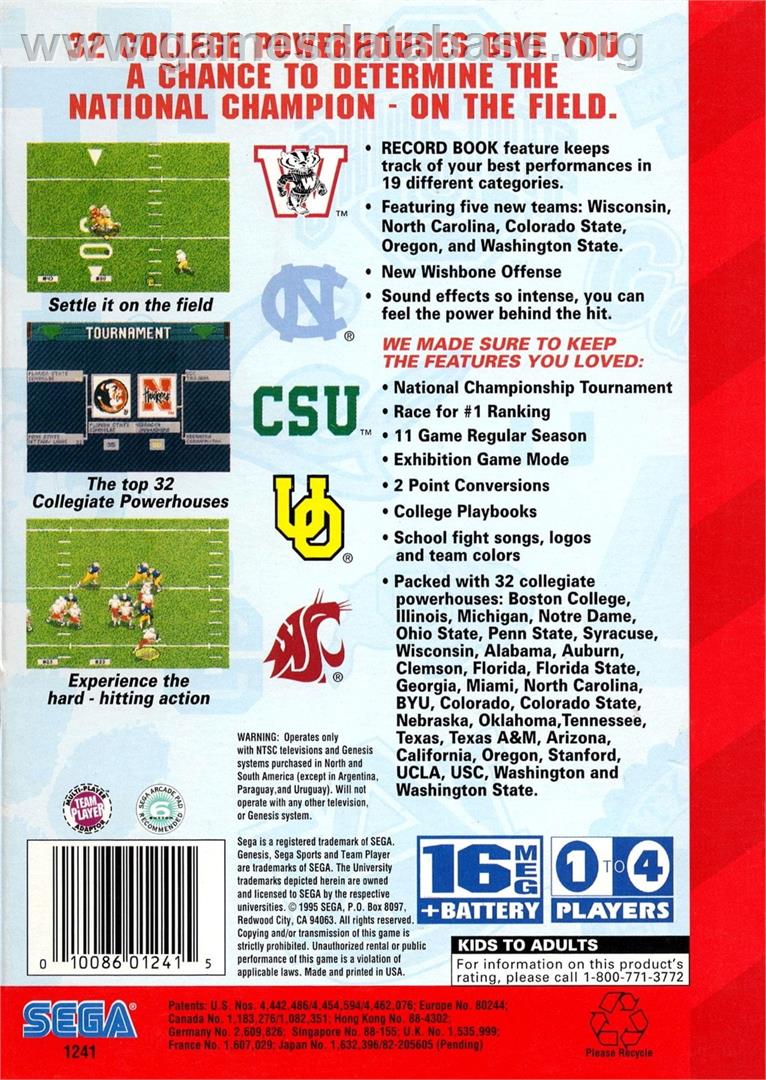 College Football's National Championship 2 - Sega Genesis - Artwork - Box Back