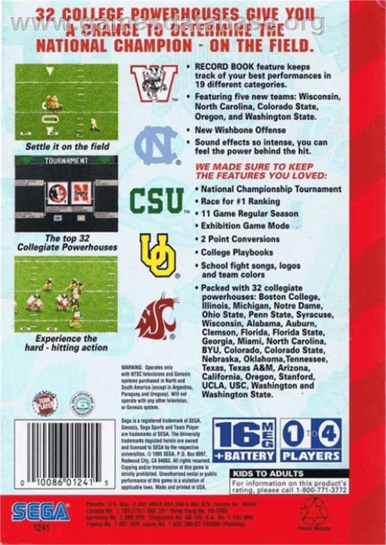 College Football's National Championship II - Sega Genesis - Artwork - Box Back