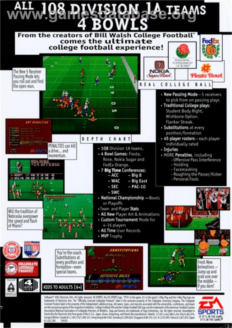 College Football USA 96 - Sega Genesis - Artwork - Box Back