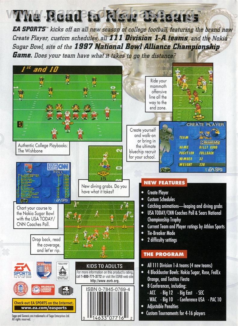 College Football Usa 97 - Sega Genesis - Artwork - Box Back