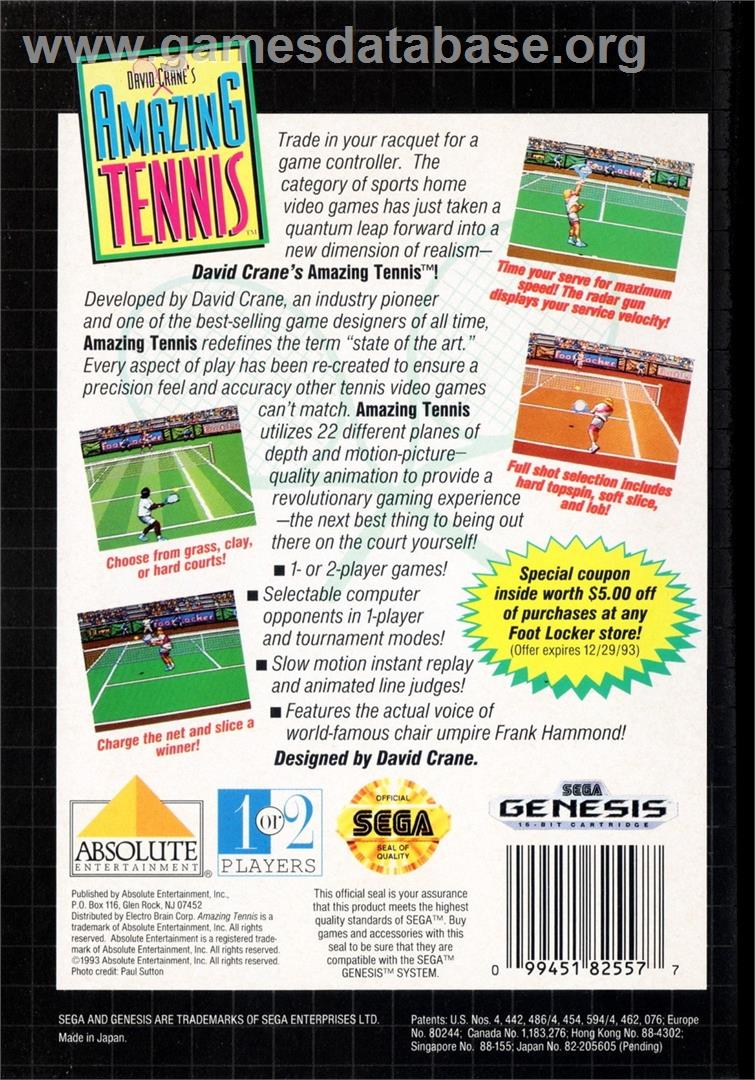 David Crane's Amazing Tennis - Sega Genesis - Artwork - Box Back