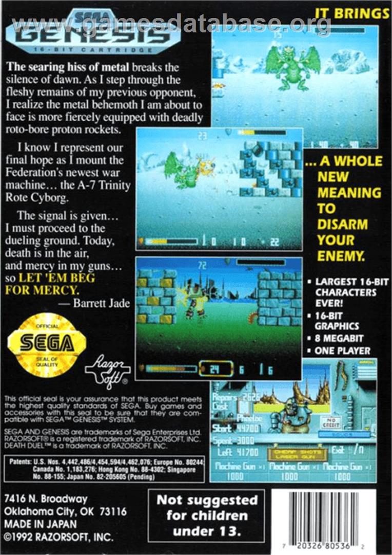 Death Duel - Sega Genesis - Artwork - Box Back
