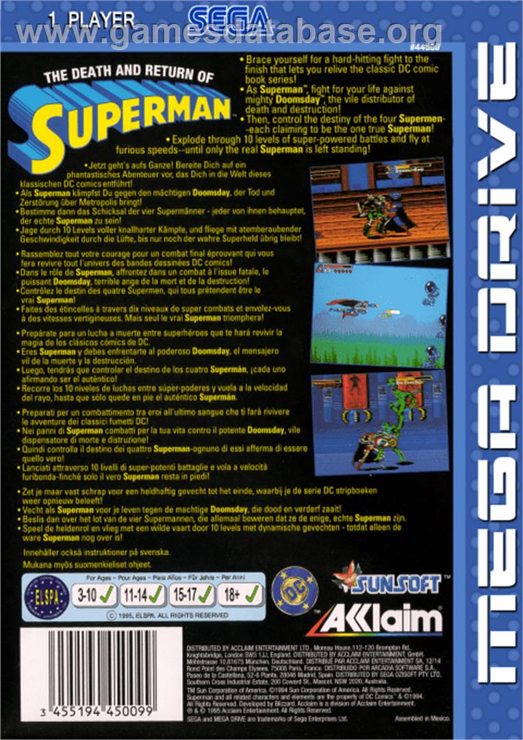 Death and Return of Superman, The - Sega Genesis - Artwork - Box Back
