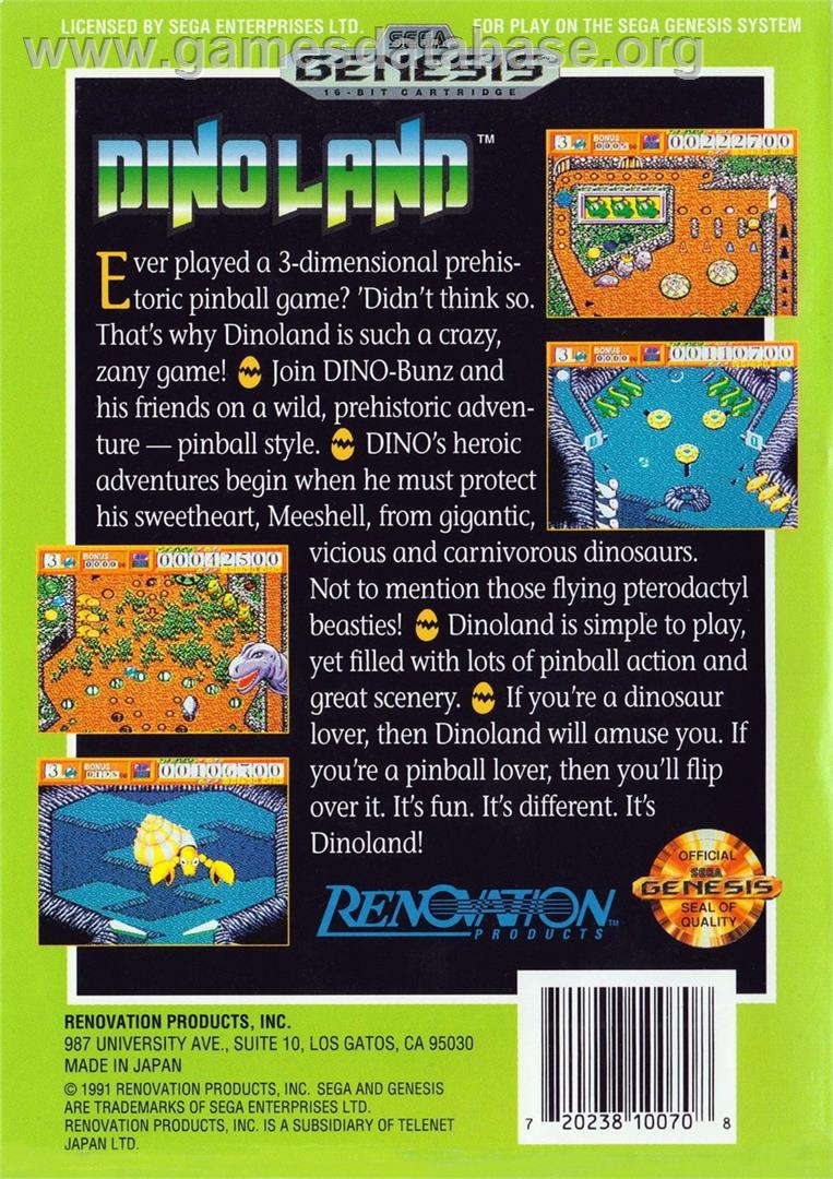 Dino Land - Sega Genesis - Artwork - Box Back