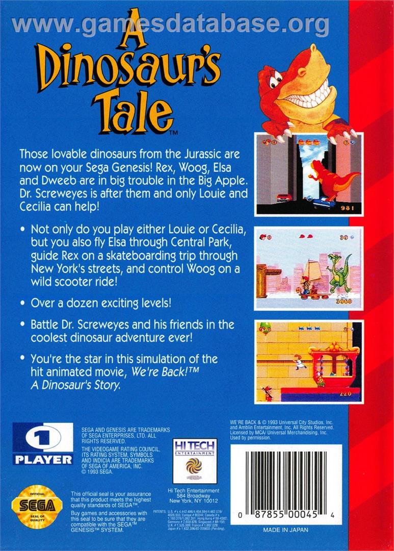 Dinosaur's Tale, A - Sega Genesis - Artwork - Box Back