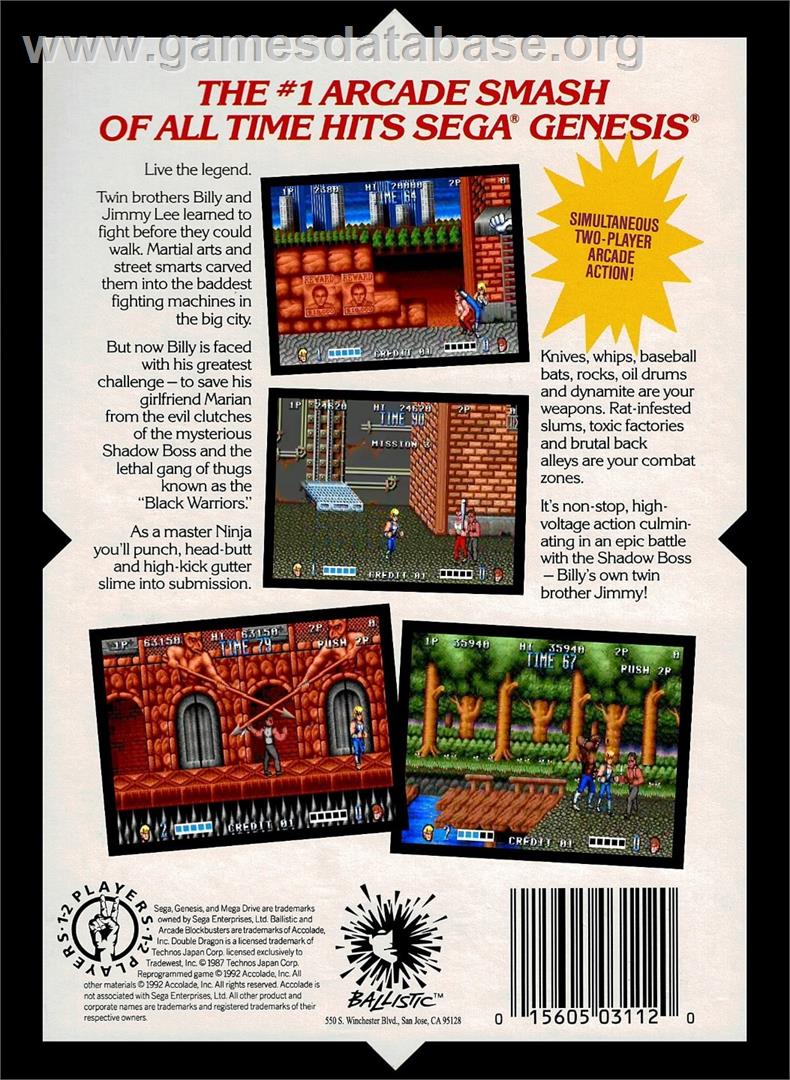 Double Dragon - Sega Genesis - Artwork - Box Back