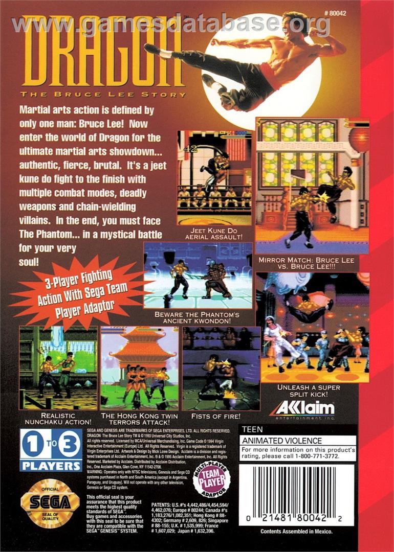 Dragon - The Bruce Lee Story - Sega Genesis - Artwork - Box Back