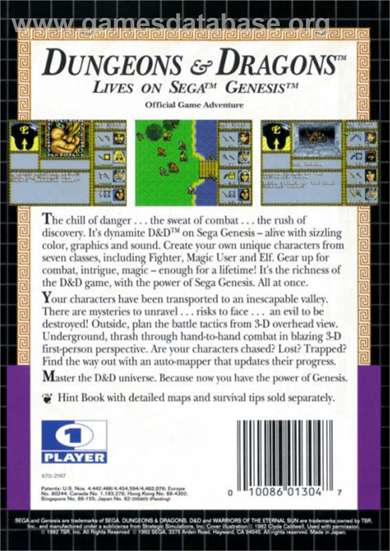 Dungeons & Dragons: Warriors of the Eternal Sun - Sega Genesis - Artwork - Box Back