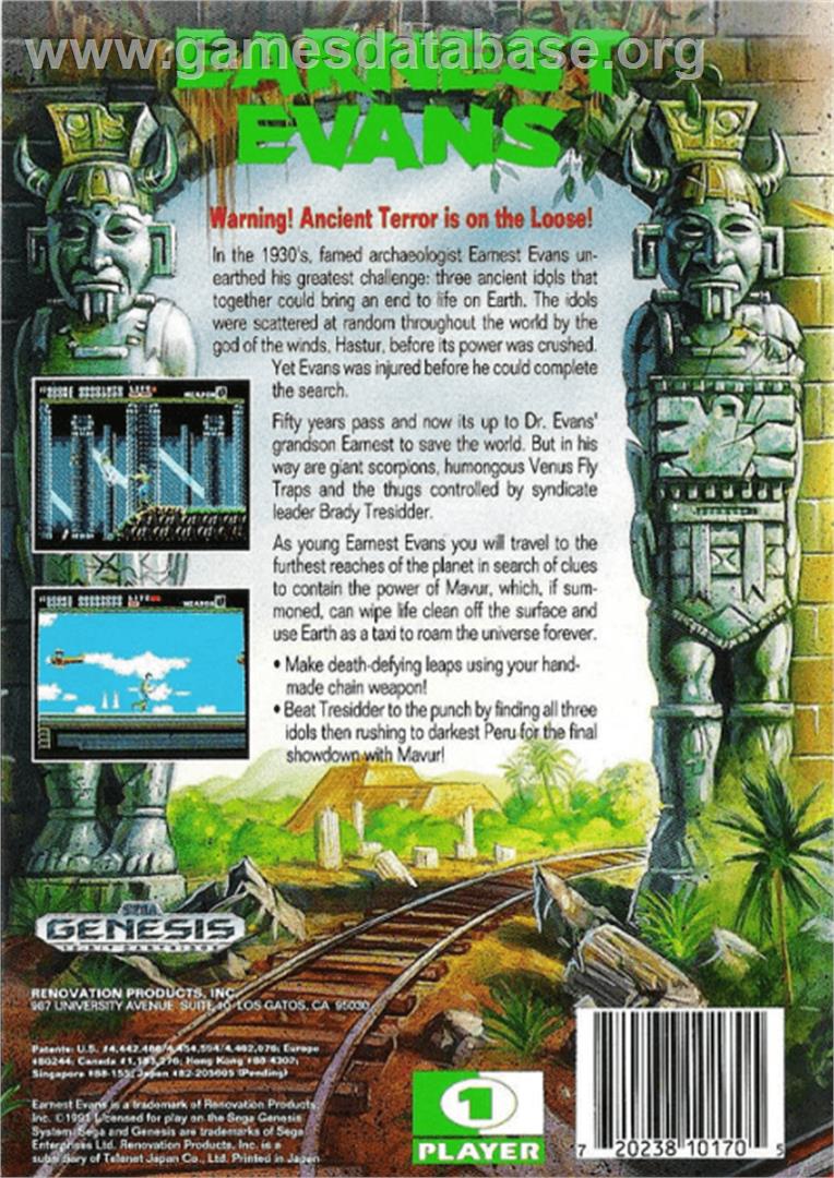 Earnest Evans - Sega Genesis - Artwork - Box Back