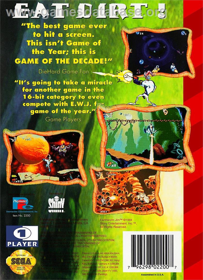 Earthworm Jim - Sega Genesis - Artwork - Box Back