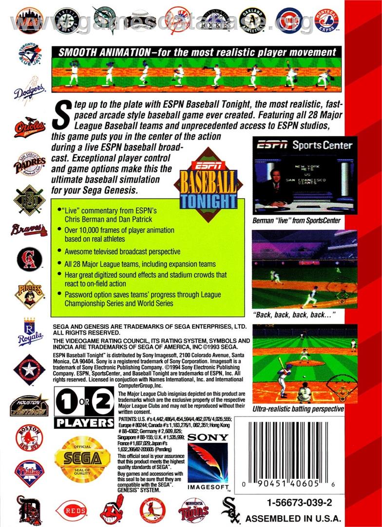 Espn Baseball Tonight - Sega Genesis - Artwork - Box Back