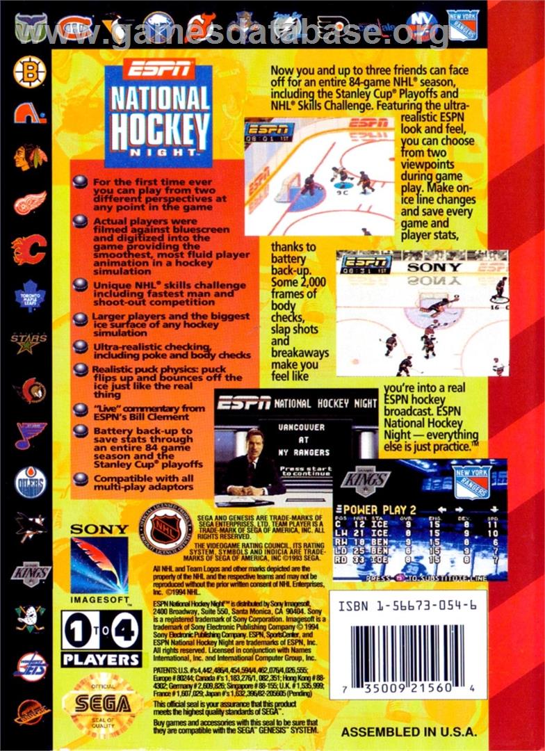 Espn National Hockey Night - Sega Genesis - Artwork - Box Back