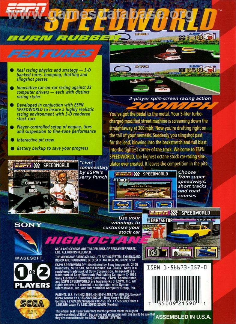 Espn Speedworld - Sega Genesis - Artwork - Box Back