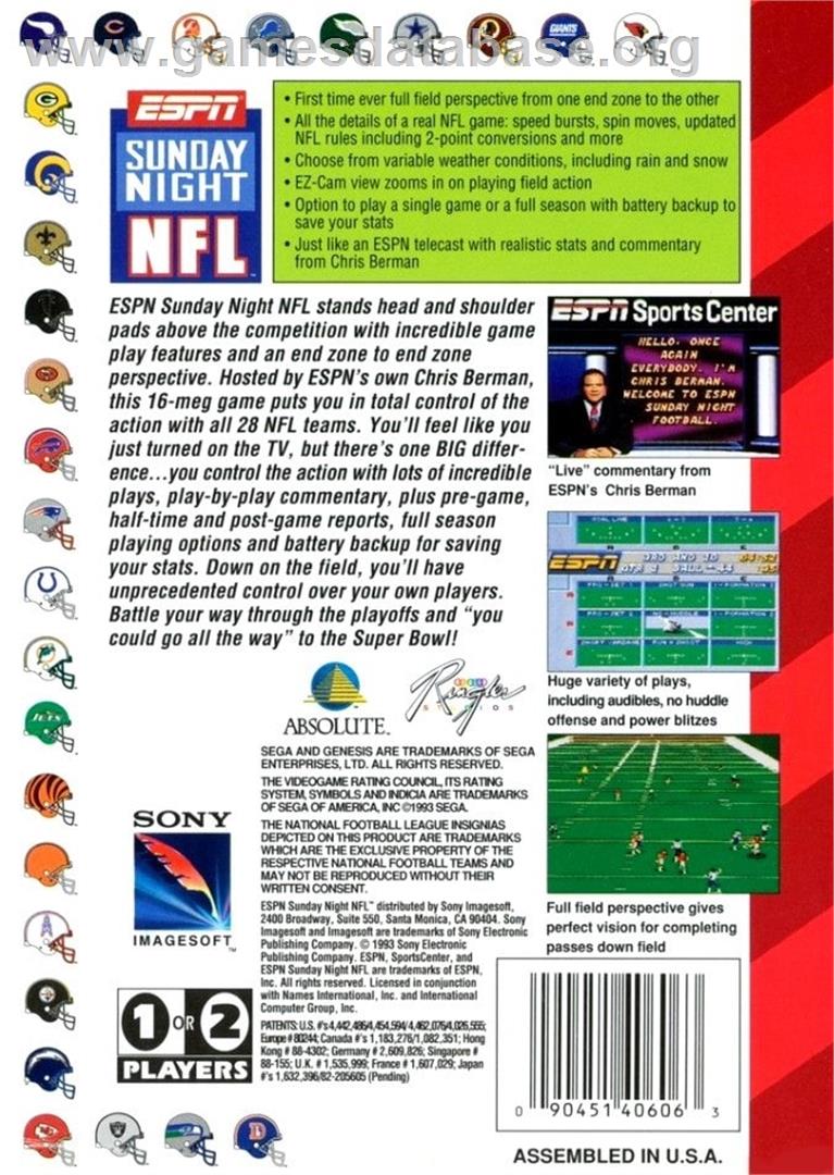 Espn Sunday Night Nfl - Sega Genesis - Artwork - Box Back