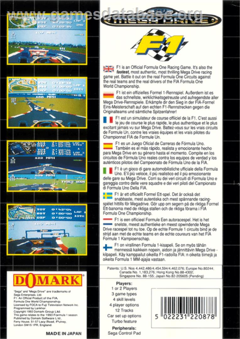 F1 - Sega Genesis - Artwork - Box Back