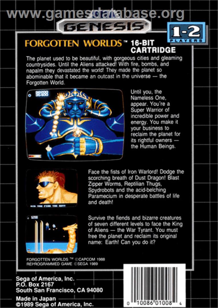 Forgotten Worlds - Sega Genesis - Artwork - Box Back