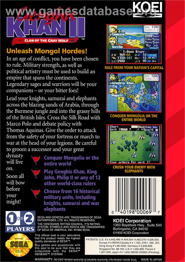 Genghis Khan 2: Clan of the Grey Wolf - Sega Genesis - Artwork - Box Back