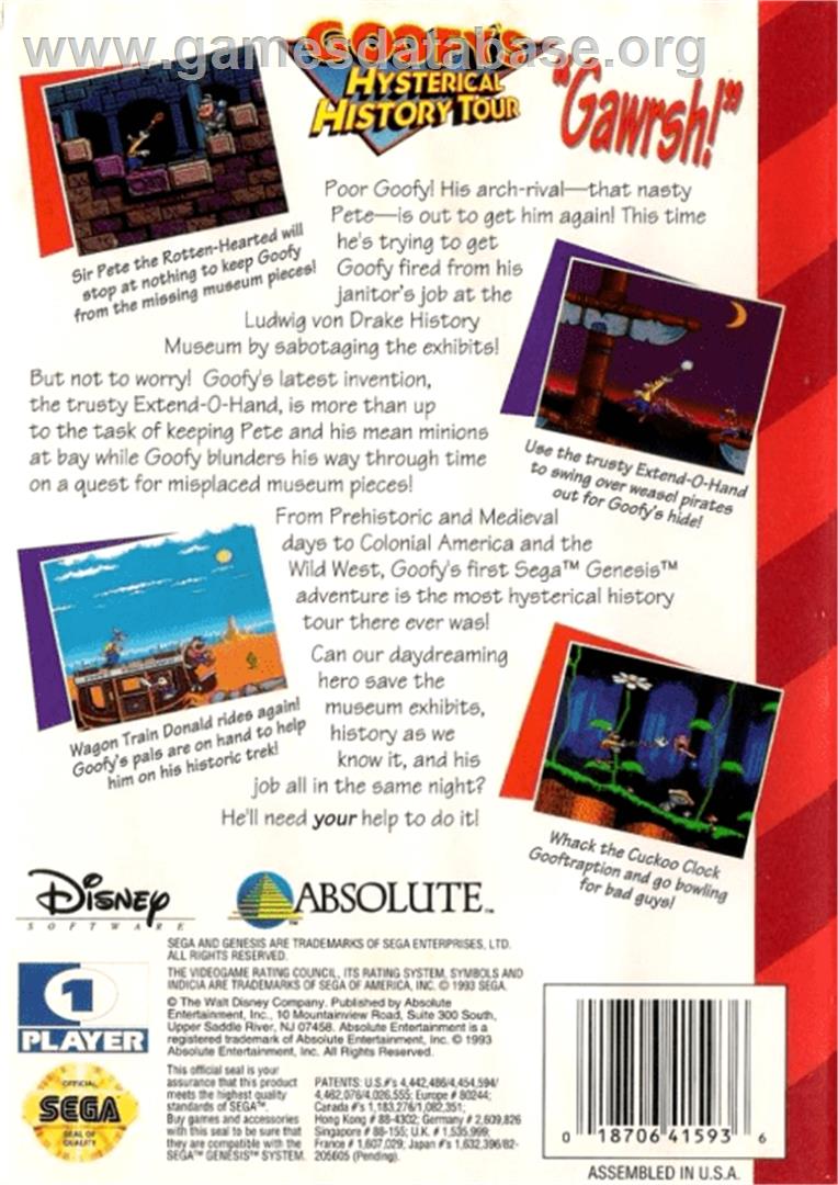 Goofy's Hysterical History Tour - Sega Genesis - Artwork - Box Back