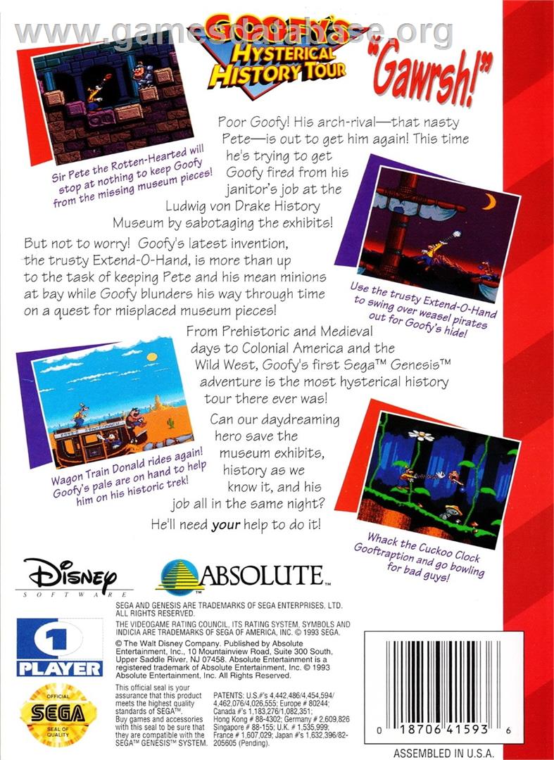 Goofy's Hysterical History Tour - Sega Genesis - Artwork - Box Back