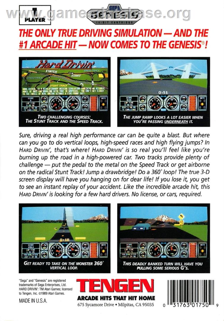 Hard Drivin' - Sega Genesis - Artwork - Box Back