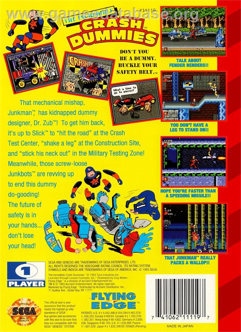 Incredible Crash Dummies, The - Sega Genesis - Artwork - Box Back