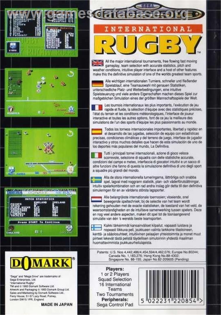 International Rugby - Sega Genesis - Artwork - Box Back