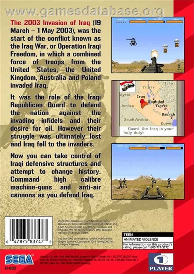 Iraq War 2003 - Sega Genesis - Artwork - Box Back