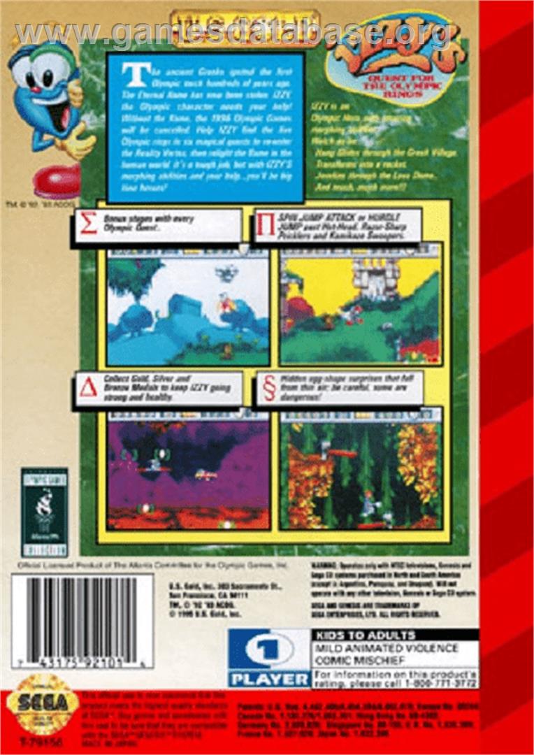 Izzy's Quest for the Olympic Rings - Sega Genesis - Artwork - Box Back