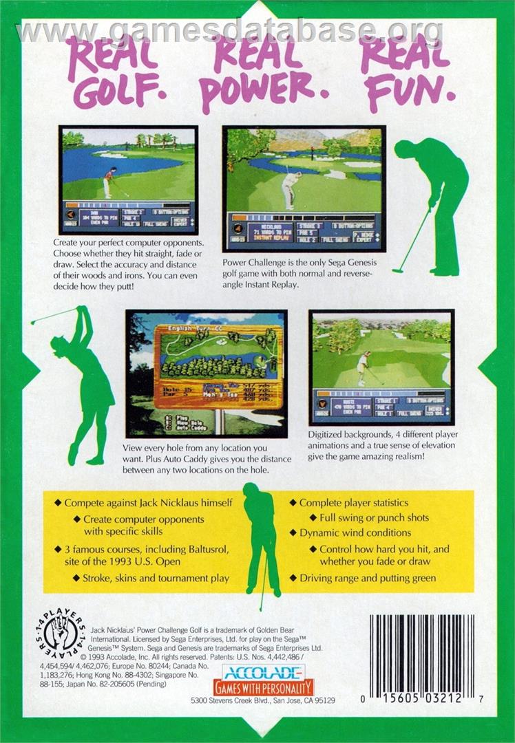 Jack Nicklaus' Power Challenge Golf - Sega Genesis - Artwork - Box Back