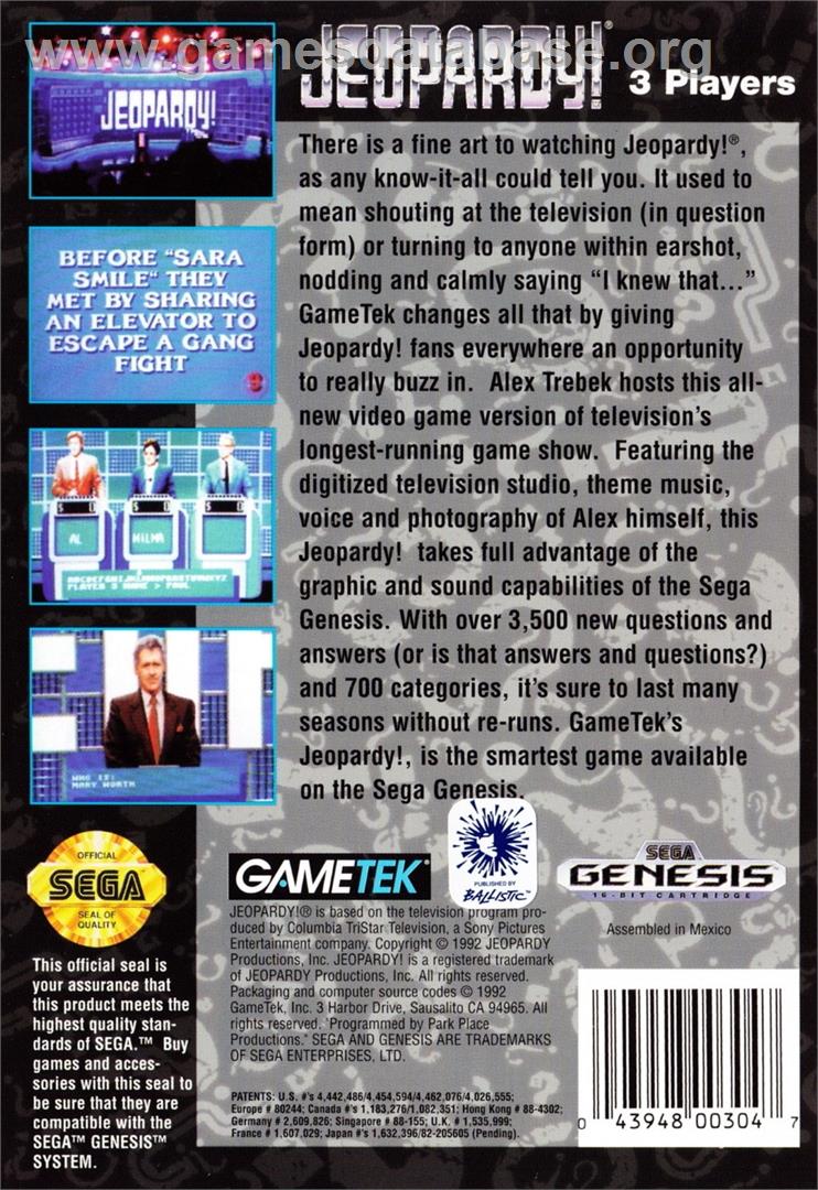 Jeopardy! - Sega Genesis - Artwork - Box Back