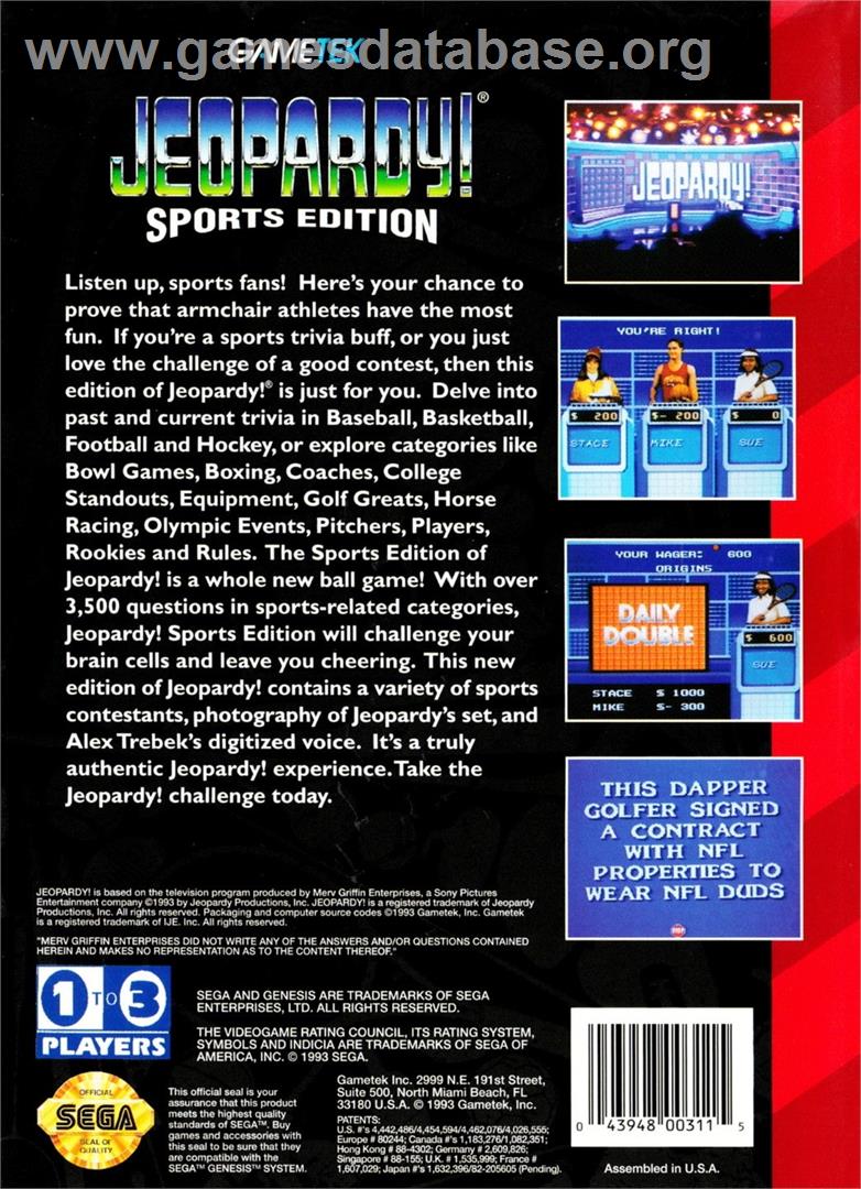Jeopardy! Sports Edition - Sega Genesis - Artwork - Box Back