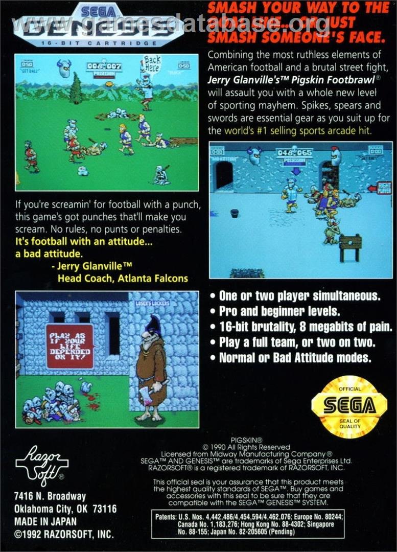 Jerry Glanville's Pigskin Footbrawl - Sega Genesis - Artwork - Box Back
