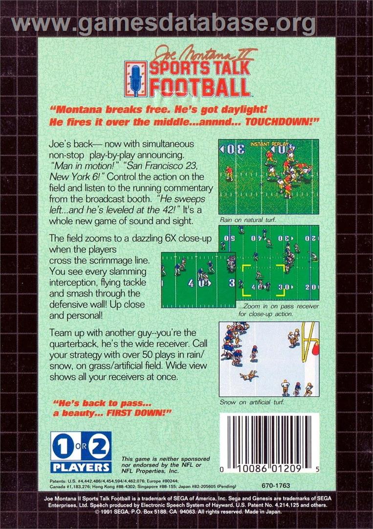 Joe Montana 2 Sports Talk Football - Sega Genesis - Artwork - Box Back