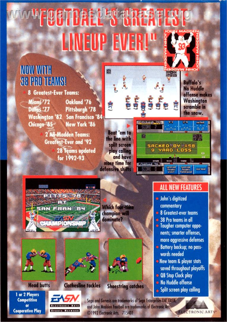 John Madden Football '93 - Sega Genesis - Artwork - Box Back