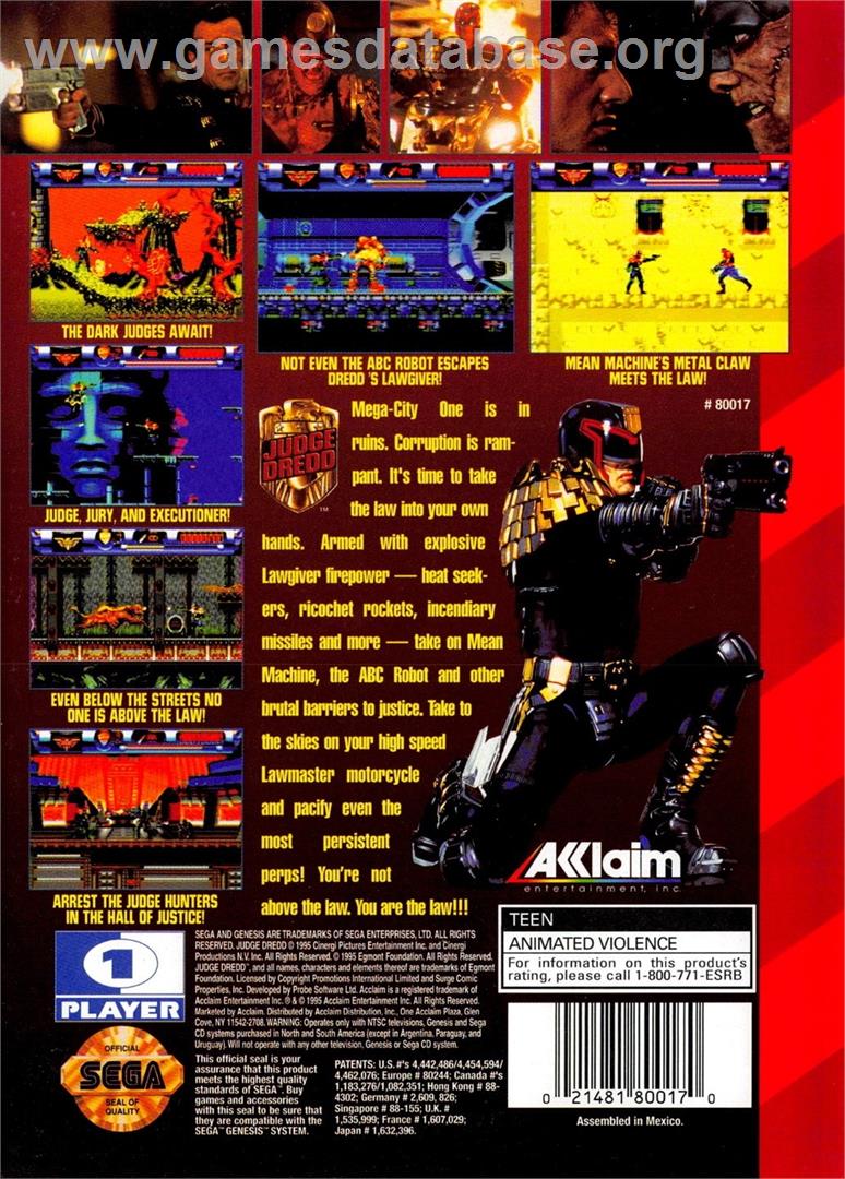 Judge Dredd - Sega Genesis - Artwork - Box Back