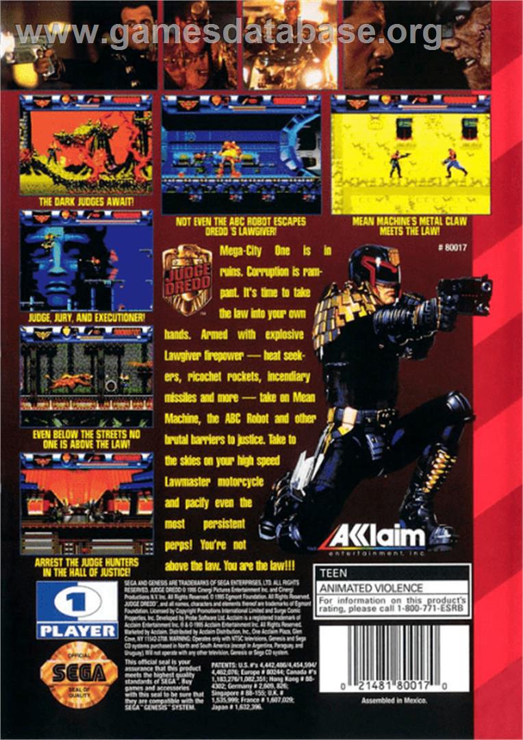 Judge Dredd - Sega Genesis - Artwork - Box Back