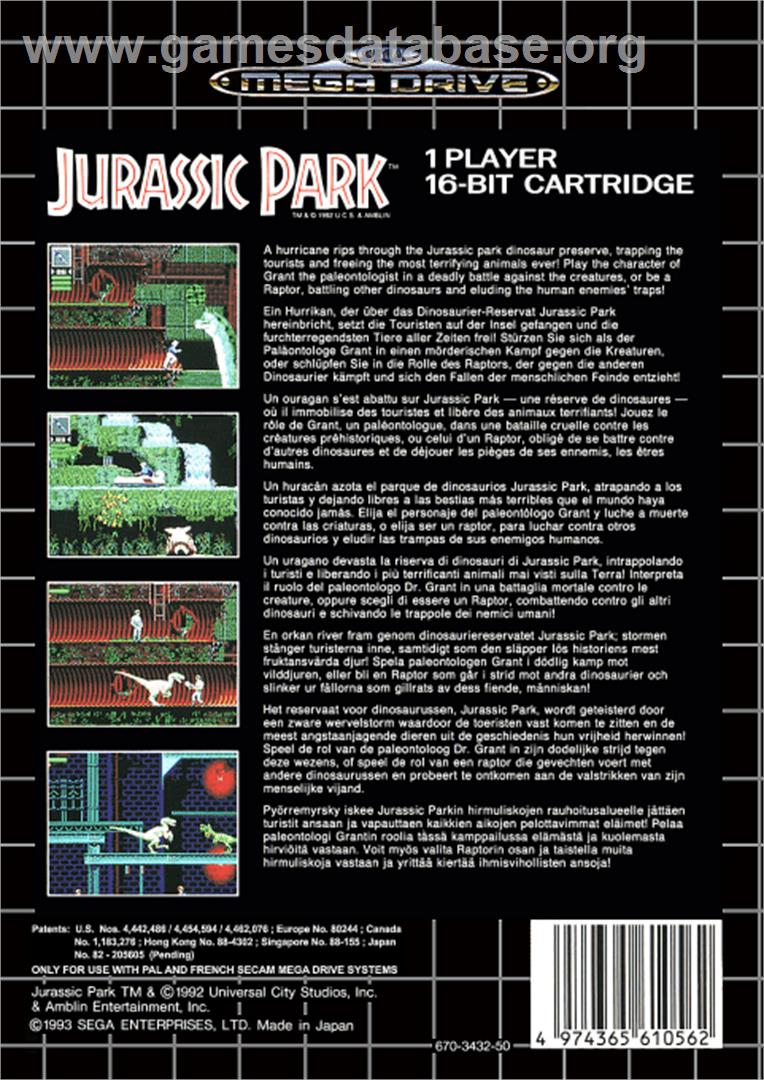 Jurassic Park - Sega Genesis - Artwork - Box Back