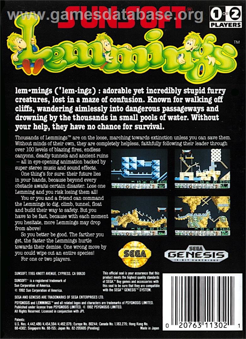 Lemmings - Sega Genesis - Artwork - Box Back