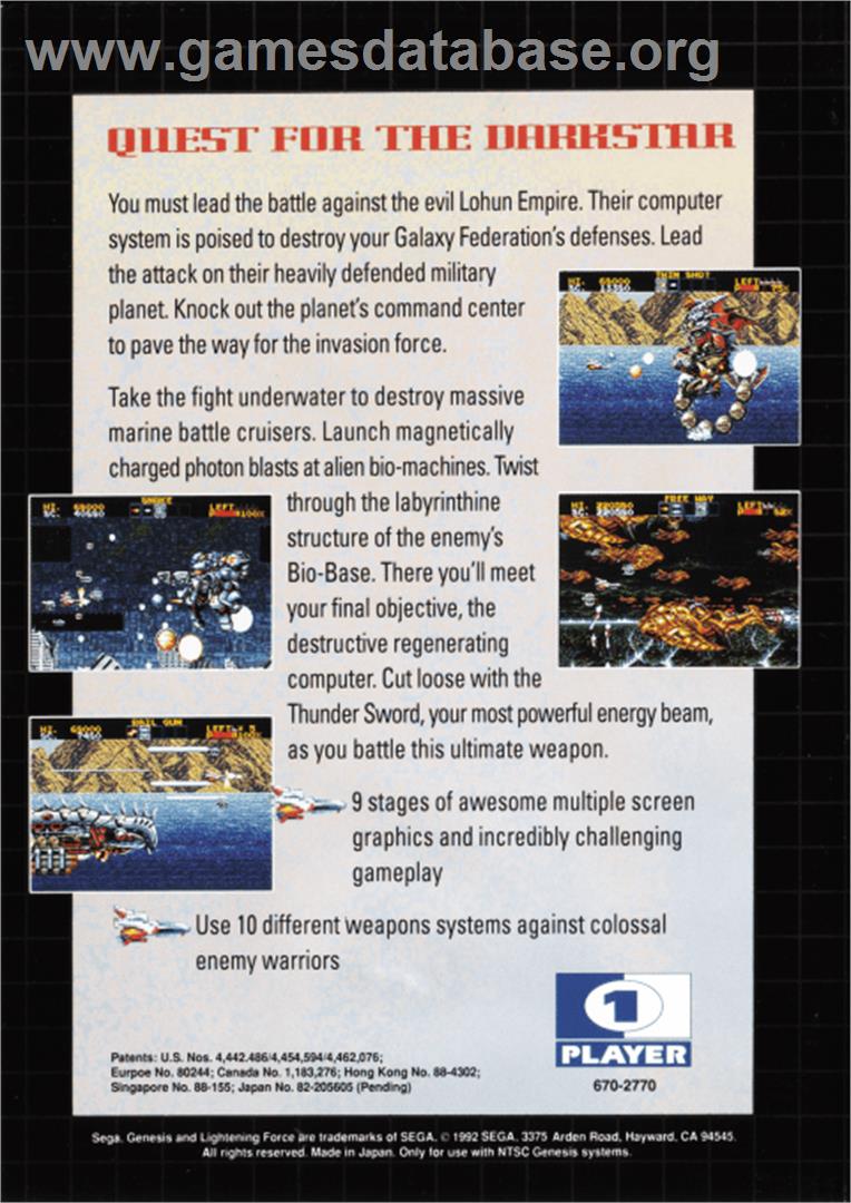 Lightning Force: Quest for the Darkstar - Sega Genesis - Artwork - Box Back