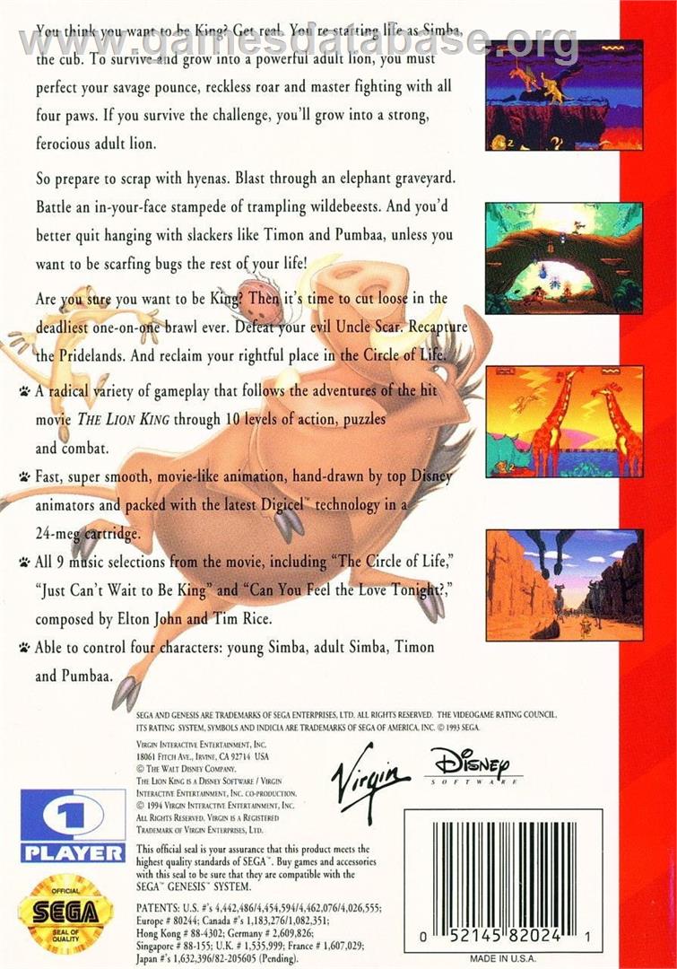 Lion King, The - Sega Genesis - Artwork - Box Back
