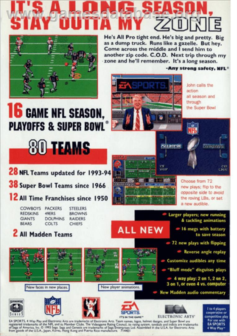 Madden NFL '94 - Sega Genesis - Artwork - Box Back