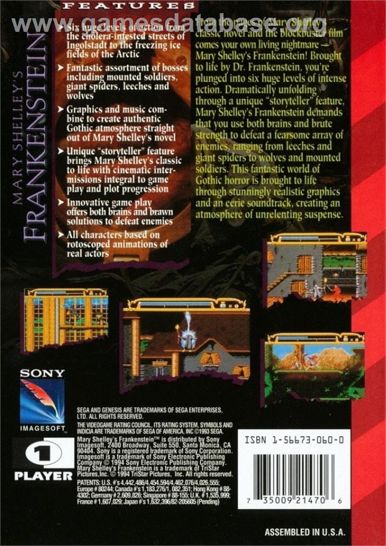 Mary Shelley's Frankenstein - Sega Genesis - Artwork - Box Back