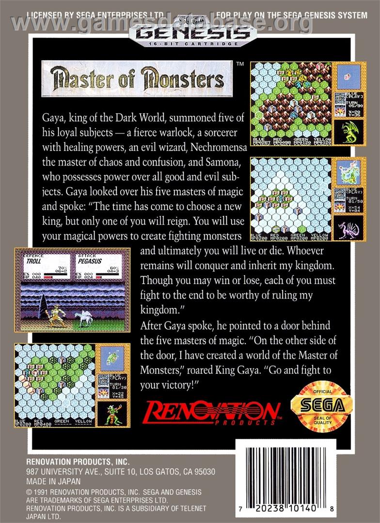 Master Of Monsters - Sega Genesis - Artwork - Box Back