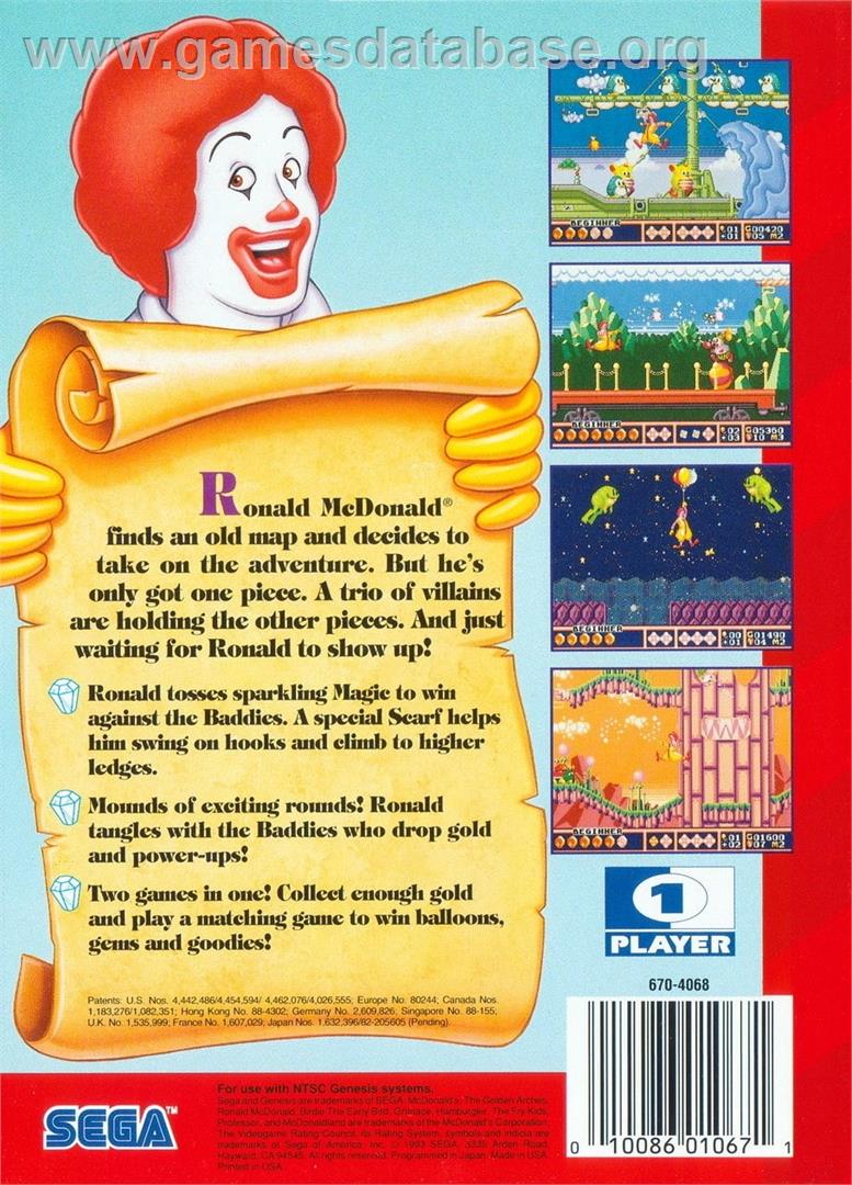 Mcdonald's Treasure Land Adventure - Sega Genesis - Artwork - Box Back