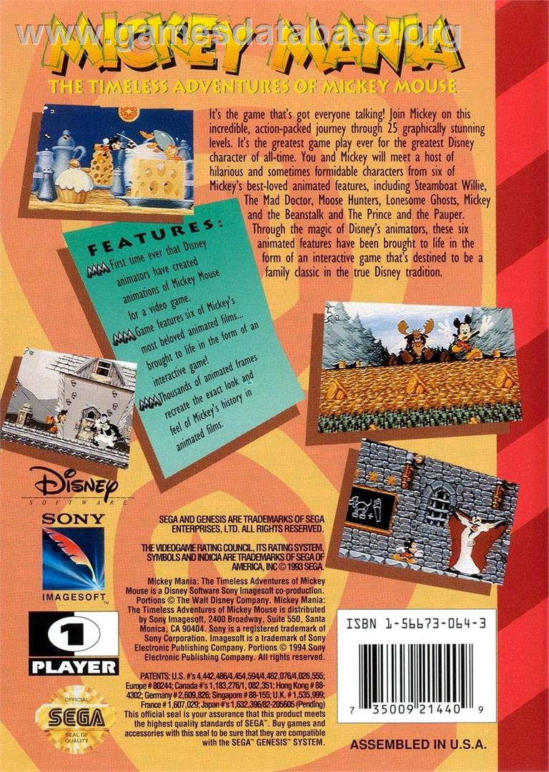 Mickey Mania - The Timeless Adventures Of Mickey Mouse - Sega Genesis - Artwork - Box Back