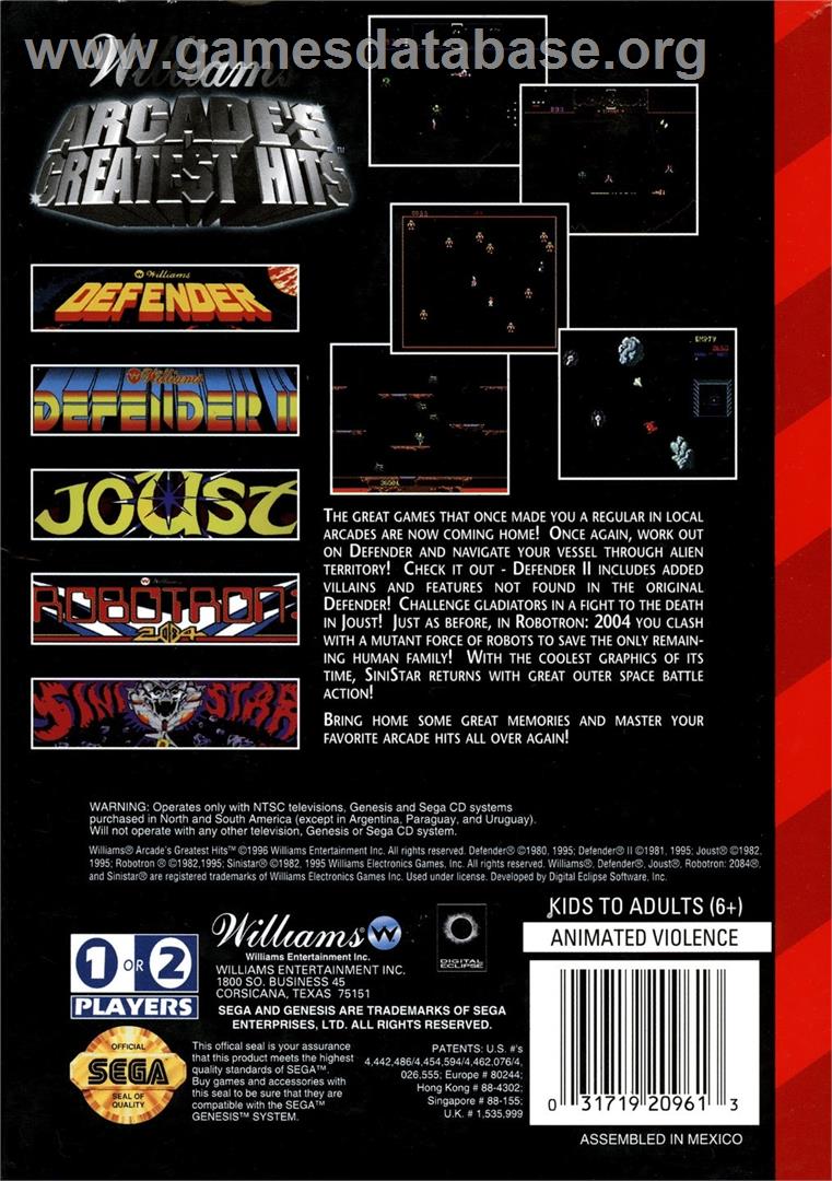 Midway Presents Arcade's Greatest Hits - Sega Genesis - Artwork - Box Back