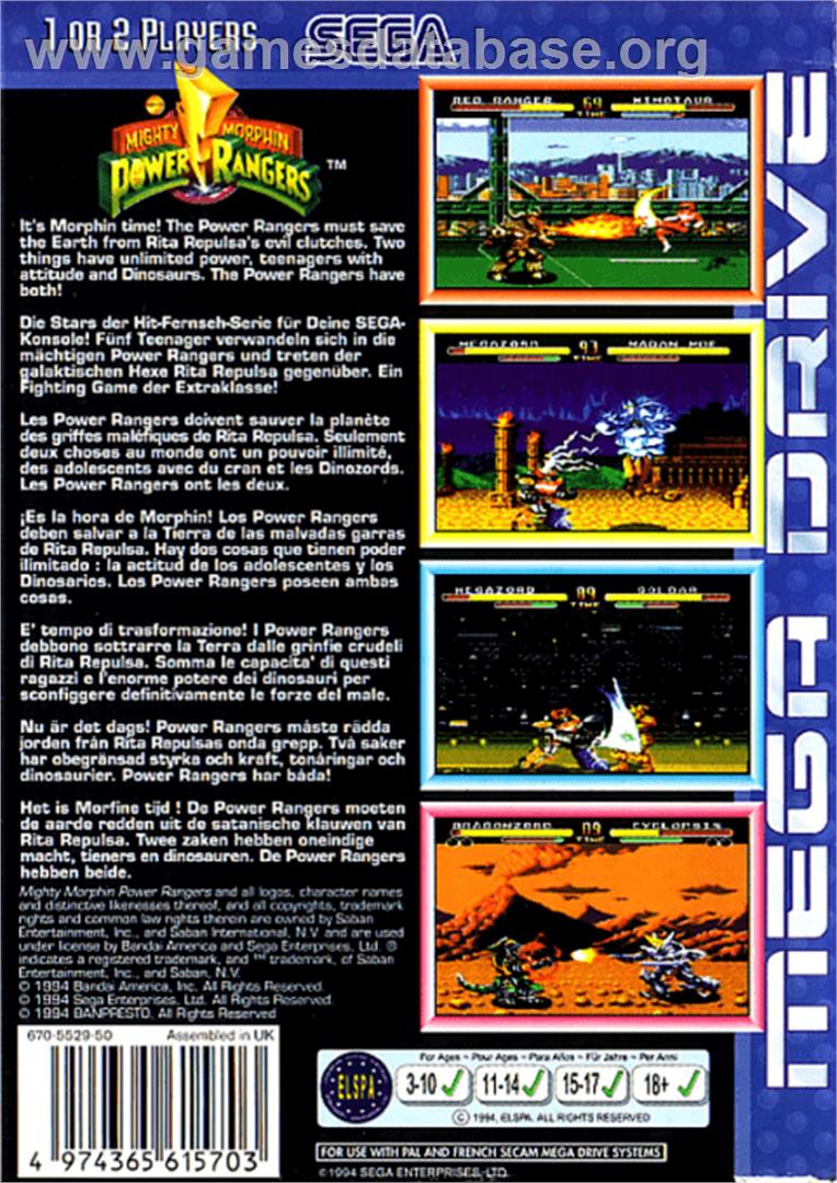 Mighty Morphin Power Rangers - Sega Genesis - Artwork - Box Back