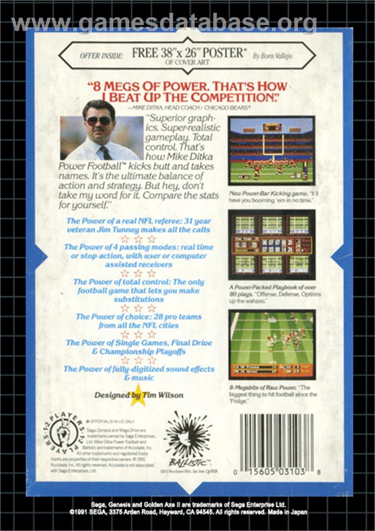Mike Ditka Power Football - Sega Genesis - Artwork - Box Back